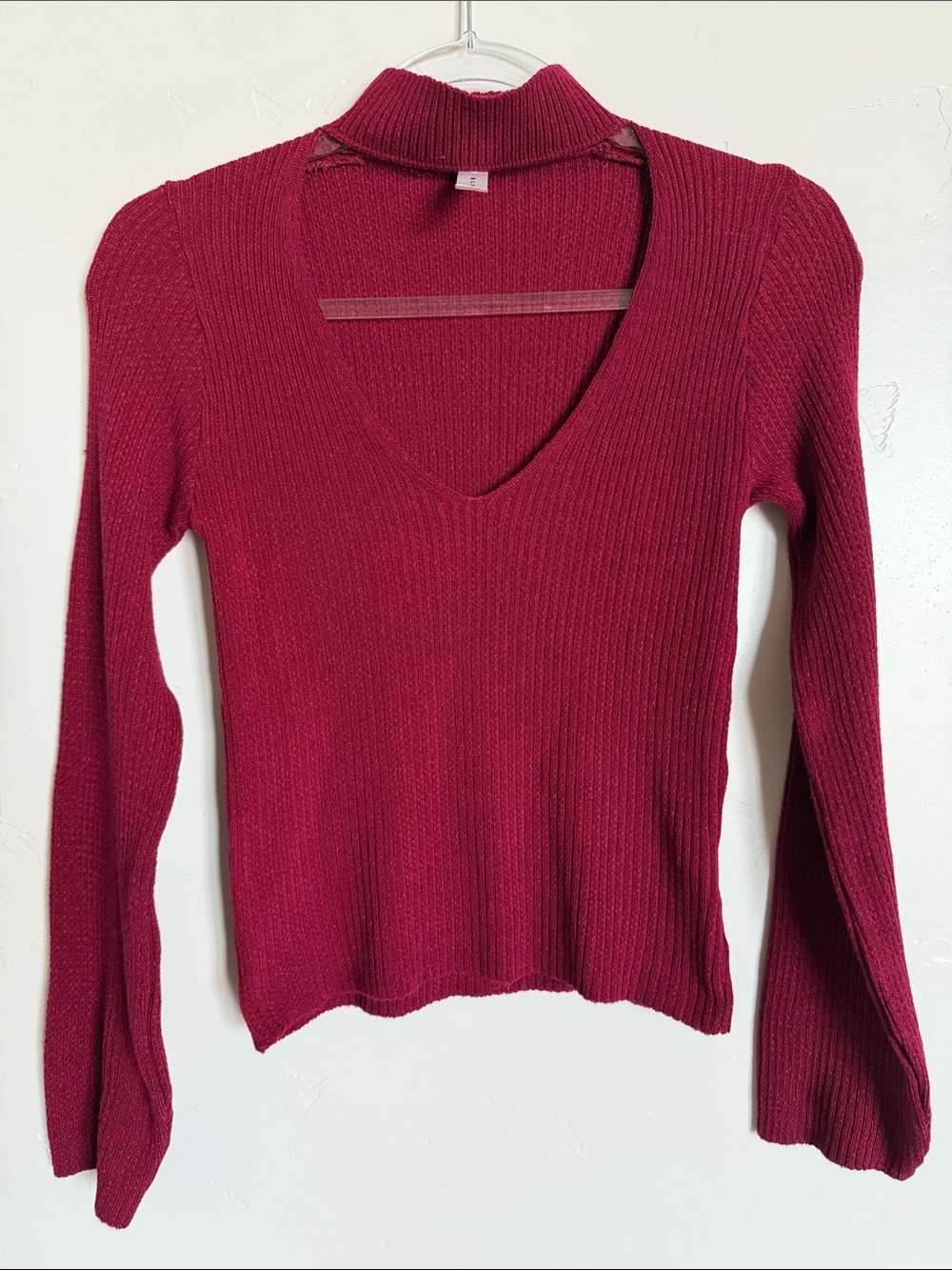 Ribbed V-Neck Long Sleeve Cut Out Top